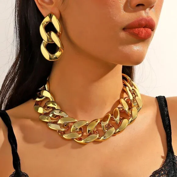Acrylic Gold Chunky Chain Necklace Earrings Set for Women,Punk Short Thick Wide - Picture 4 of 9